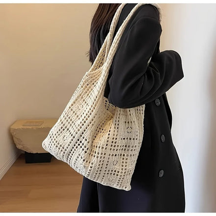 Chic Knitted Shoulder Bags Hollow Out Woven Tote Bag Purse Women's Casual Handbag Perfect for Summer Beach Shopping for Women