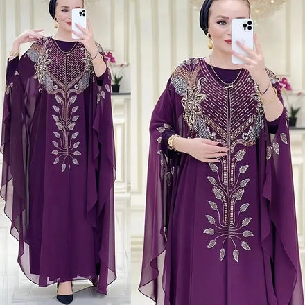 Rhinestone Pearls Front Thin Chiffon Long Sleeve Inner Dress batwing Sleeve Free Size American Turkey Middle East Women Jalabiya