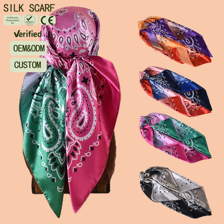 Multicolor Paisley Print Imitation Silk Square Scarf | Shiny Satin Bandana Head Scarf Custom OEM ODM Headscarf