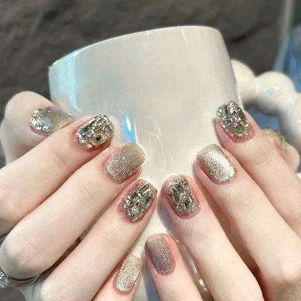 Dropshipping 24 Pcs Glitter Gel Golden Sparkle Diamond Acrylic Press on Nails Artificial Fingernails False Nails GN035