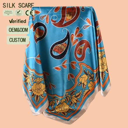 Ethnic Bohemian Floral Print Imitation Silk Square Scarf Vibrant Multicolor Satin Head Wrap for Women Custom Fashion Accessory