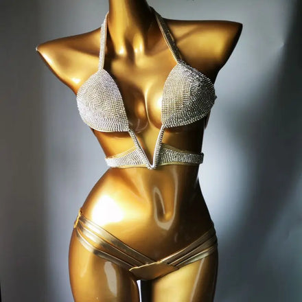 STOCK Two Colors Halter Neck Jewel Diamond Bikini Underwire Swimwear Strappy Low Rise Cheeky Swimsuit