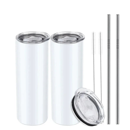 Sublimation Blank Skinny Tumbler White 20 OZ Straight Double Wall Stainless Steel Tumbler with Metal Straw Tumbler Cups