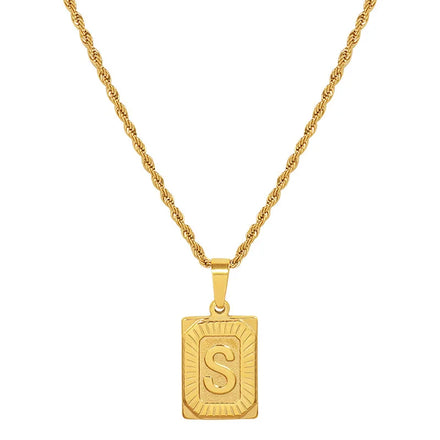 Fashion Women Mens Waterproof Stainless Steel Jewelry 18k Gold Plated Letter Necklace Square Engraved Letter A~Z Initial