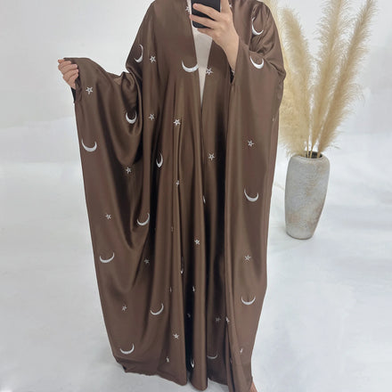 Loriya Abaya 2025 Islamic Clothing Satin Open Abaya Cardigan Embroidery Moons and Stars Dubai Abaya Women Muslim Dress