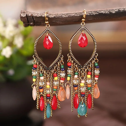 Vintage Antique Boho Style Hoop Colorful Rhinestone Beads Tassel Pendant Bohemian Earring Jewelry for Women Ladiesa