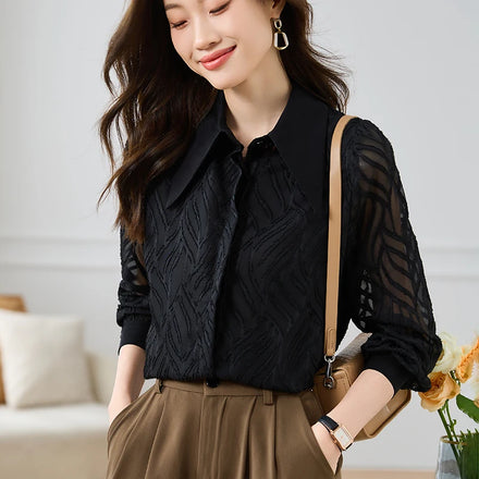 Black Knitted Office Lady Summer Button Blouse for Women's 2025 New Design Retro French Long Sleeved Shirt 8921#
