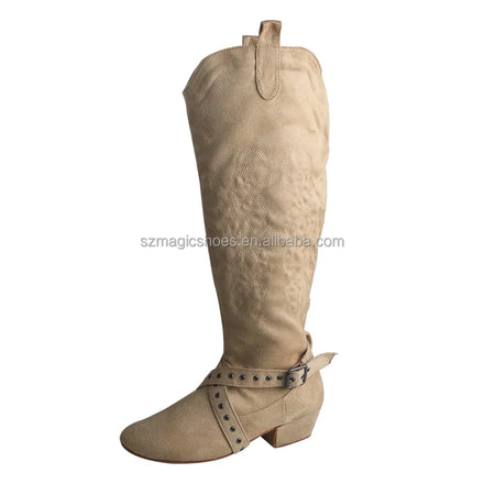 High Quality Embroidery Women Beige Black Color Line Dance Shoes Boots Long Boots for Dancing