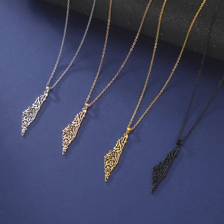Palestine Israel Map Islamic Script Hollow Pendant Necklace Stainless Steel Necklace for Women Men Casual Jewelry Gift