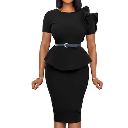 Trendy Women Clothing Office Dress Designs Round Neck Ruffles Short Sleeve High Waist Career Dress