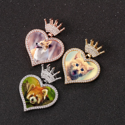 New Iced Out Creative Crown Hook Love Heart Photo Pendant Shiny CZ Frame Picture Necklaces Sublimation Memory Medallions Jewelry