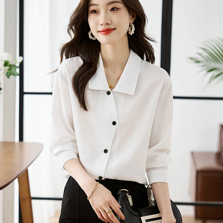 Women's Clothing Solid Blouses Turn-down Collar Regular Button Office Lady Simple Spring Summer Knitted Korean Casual 8919#