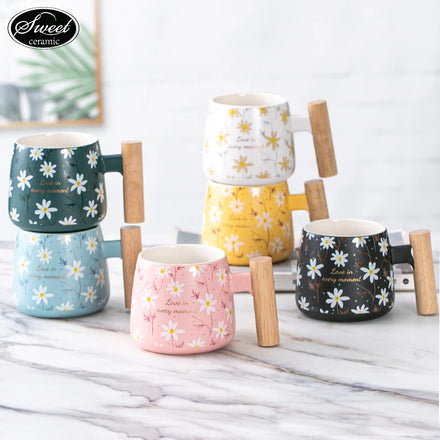 Hotsales Gift 301-400ml Coffee Mug Set Custom logo Wooden Handle Cups Ceramic Coffee Mugs with Lid and Spoon