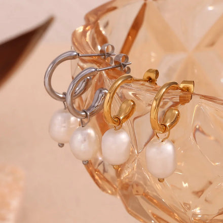 Classical Fresh Water Pearl Jewelry Gold Plated Pearl Drop Earrings Stainless Steel Jewelry