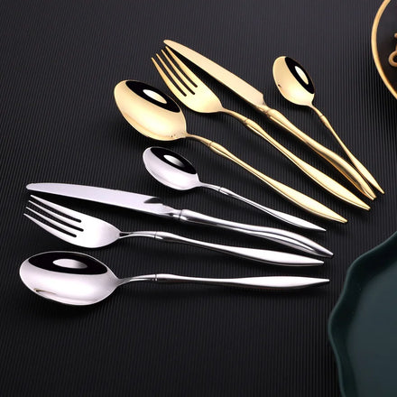 Mirror Luxury 18/8 Stainless Steel 24-Piece Cutlery Set Fork Knife Spoon Silverware Gold Flatware Tableware for Wedding