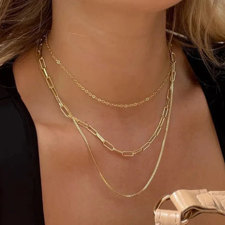 Minimalist Waterproof Stainless Steel Gold Plated Jewelry Three Layer Chain Necklace for Women