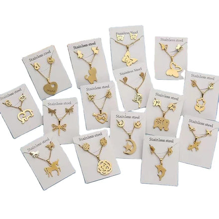 2024 Wholesale Cheap Women Girls Stainless Steel Jewelry 18k Gold Necklace Pendant and Stud Earrings Jewelry Set