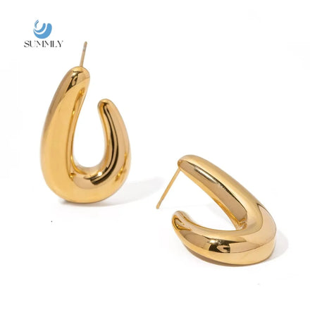 SUMMLY Vintage Handmade Women Earring 18K Gold Plated Stainless Steel Oval Hoop Earrings Fashion Jewelry