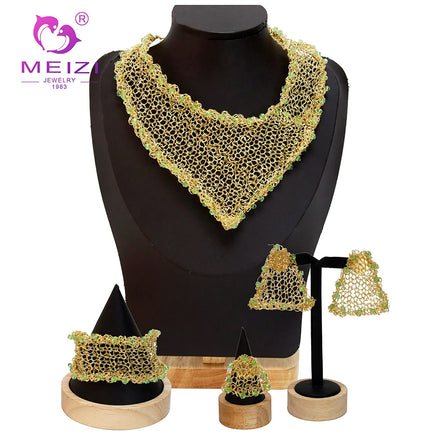 MEIZI 24K Gold Jewelry Set Bride Gold-Plated Four-Piece Necklace Earrings Bracelet and Ring Set Dubai Bridal Jewelry Sets
