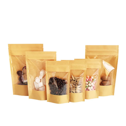 16x25cm New Arrival Food Grade Stand up Resealable Ziplock Brown Kraft Paper Pouch Bag with Full Clear Window