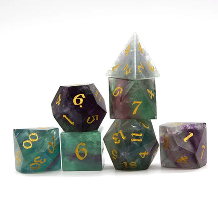 Custom Engraved DND Dice Set Natural Gemstone Colored Fluorite Metal and Stone D20 Polyhedral for Games with Custom Logo