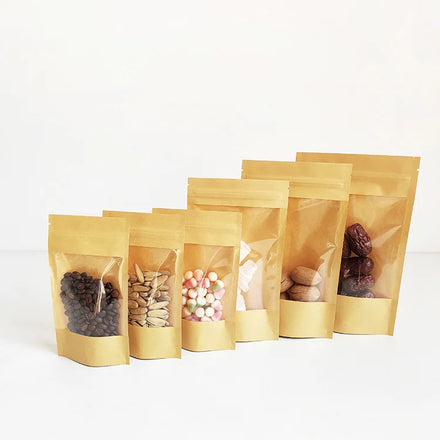15x24cm New Products Food Packaging Brown Stand up Pouch Reclosable Zip Lock Kraft Paper Bag with Extra Large Window