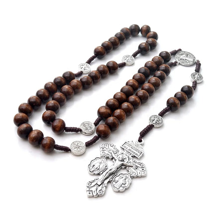Unisex Pardon Crucifix Rosary with 10mm Wood Beads Saint Benedict Silver Plated Religious Style