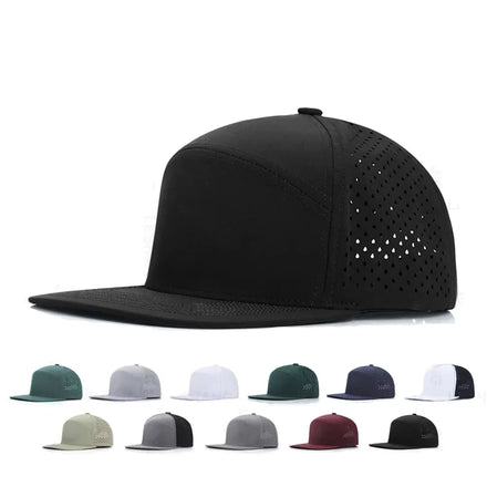 Fashion Quick Dry Waterproof Laser Cut Holes Perforated Flat Brim Snapback Cap Custom Logo 6 Panel Polyester Mesh Trucker Hats