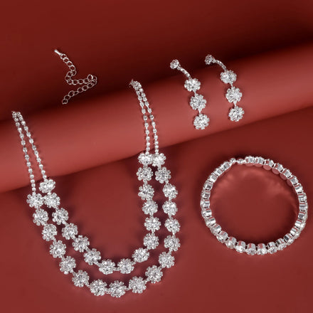 Women's Fashion Jewelry Set Crystal Double Layered Flower Necklace/Earrings/Bracelet Engagement Party Wedding Silver Plated