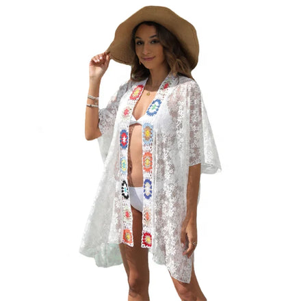 Hot 2024 Fashion Hollow Perspective Hand Made Crocheted Lace Sexy Beach Cover up Lady Beach Dress Pareo