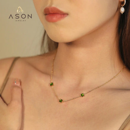 Ason Fashion Jewelry 18k Gold Plated Custom Clavicle Chain Necklace Stainless Steel Charm Square Green Zircon Necklace for Women
