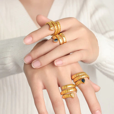 YF4201 Waterproof Fashion Luxury Jewelry Zircon Snake Charm Ring 18k Gold Plated Stainless Steel Irregular Non Tarnish Rings