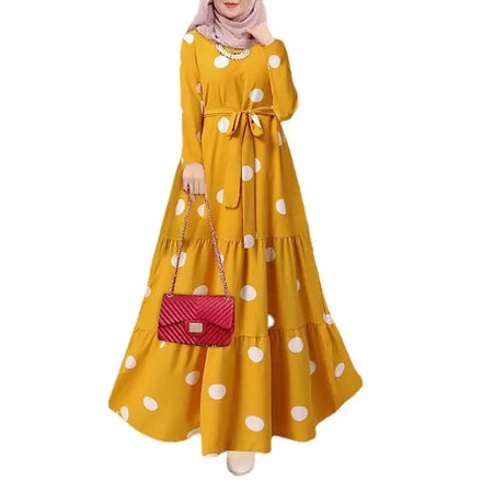 2024 Ladies Jilbab Polka Dot Muslim Ball Gown Print Dress Islamic Modest Abaya Dress Long Sleeve Retro Full Length Maxi Dress