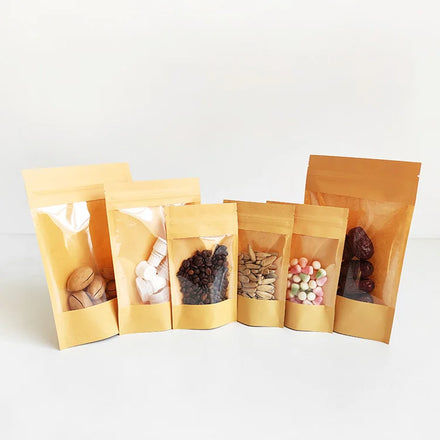 11x18.5cm Recyclable Zipper Brown Kraft Paper Bags Plain In-stock Kraft Paper Pouch Stand up Pouch With Window
