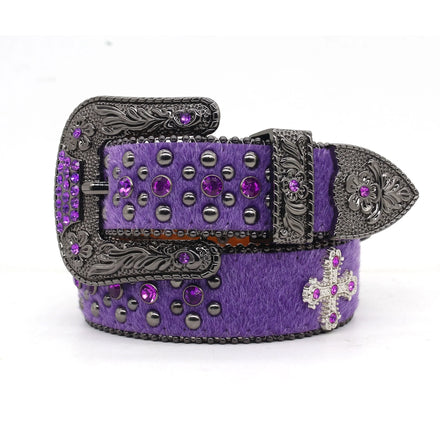 Super Fashionable Purple Punk Style Trendy Diamond Men's PU Leather Alloy Buckle 3.8cm Wide Belt