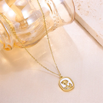 Women Fashion Stainless Steel Rose Necklace Gift Flower Signet Pendant Shell Necklace Gold 18K