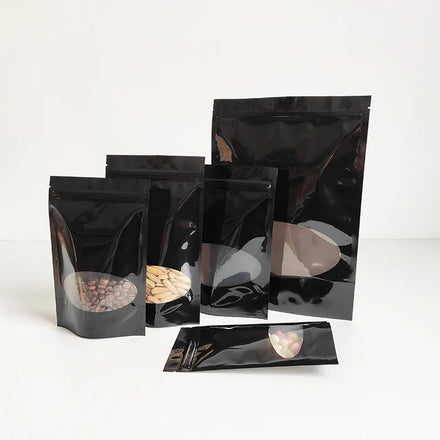 22x30cm New Arrival Reclosable Zip Lock Stand up Black Plastic Food Packaging Bag with Clear Window