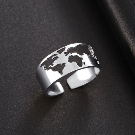 Globe World Map Open Ring Fashion Adjustable Traveler Rings Stainless Steel Jewelry Anniversary Gift for Women Men