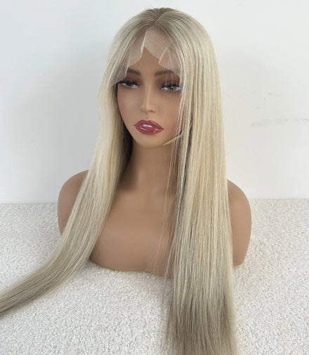 Remy European Human Hair Wig Natural Hairline 13X4 Lace Front Wig Ombre Ash Blonde Color Dark Hair Root HD Lace Front Wigs