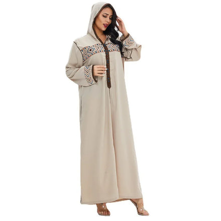 Stripe Pattern Solid Apricot Blue Color Moroccan Duabi UAE Turkey Islamic Women Abaya With Hoodie