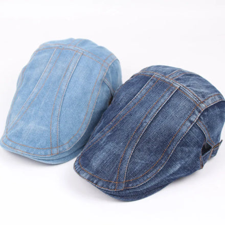 BESTELLA Men's Vintage Casual Denim Beret Hat Character Printed Newsboy Cap for Spring Autumn Winter Beach Party Appropriate
