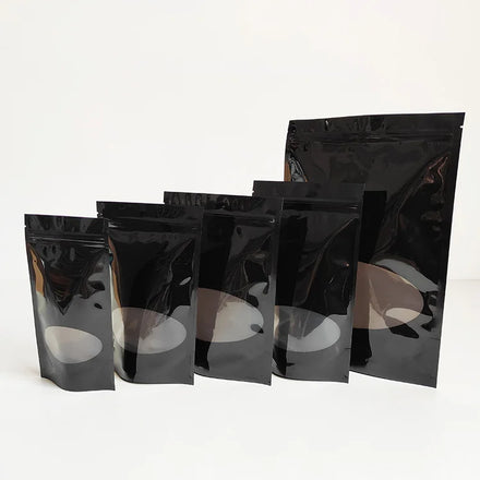 13.5x20cm New Arrival Black Plastic Zipper Stand up Pouch Resealable Food Storage Packaging Bags with Round Window