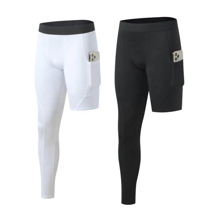 Men's One Long Leg Trousers Compression Gym Fitness Pants with Pockets for Basketball Training
