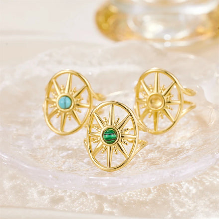 Vintage Women's Eight-Awnstar Rings 18K Gold Plated Stainless Steel Natural Stones Gemstone Jewelry