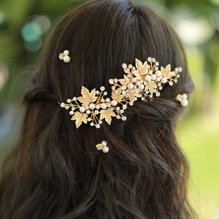 New Style Design Super Quality Gold Leaf Hair Accessories Pearl Rhinestone Leaf Alloy Hair Clip Jewelry for Women