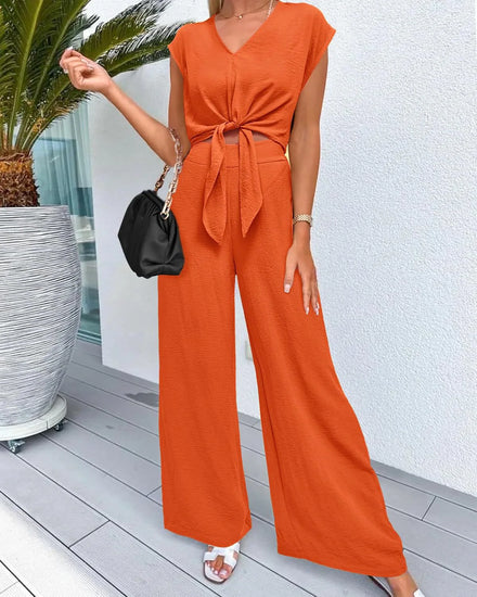 S-2XL European and American Oversized Women's Clothing Summer V-neck Top High Waisted Wide Leg Pants Fashion Set