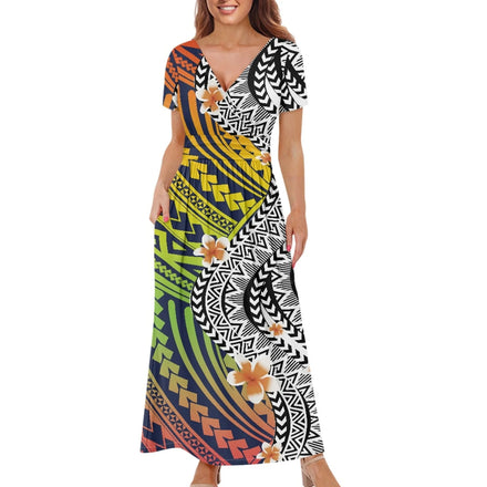 Hawaiian Tribal Design Custom V Neck Short Sleeve Dresses with Pockets Polynesian Printed Chiffon Maxi Dress Women Lady Elegant