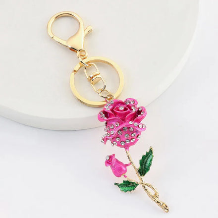 Fashion Red Rose Flower Keychain Crystal Rhinestones Rose Key Chains Purse Charm Pendant Women Gift Flower Keyring Rose Keychain