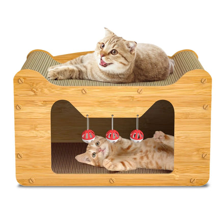 Luxury Wooden Cat Play House Cheap Corrugated Scratcher Box With Bell Indoor Cardboard Cat House