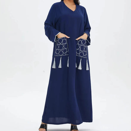 Plain Pink and Blue Color Big Tassel Pocket Front V Neck Classic Style Moroco Dubai Abaya Dresses Muslim Women Eid Robe